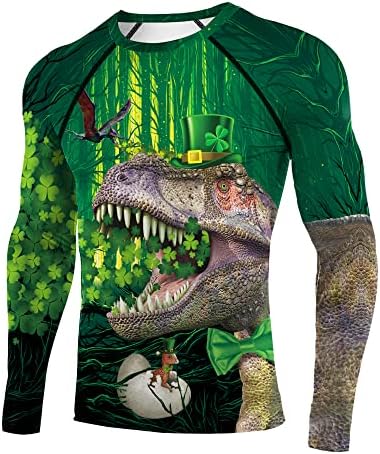 Camisa de compressão masculina Novidade do dia de St. Patrick 3D Green Shamrock Pattern Sports Fitness Running Long Sleeve