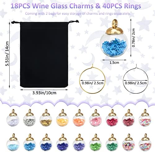 18pcs vidro de vidro encantos de tags identificação, anglecai decoram marcadores de bebidas de vidro com anéis de 40pcs/