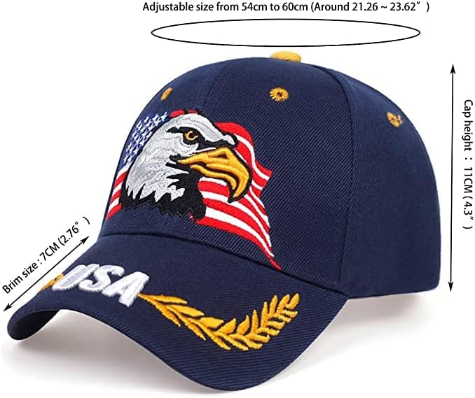 USA-FLAG EAGLES HAT AMERICANO BASEBOL CAP Bordado American Flag Patriótico Cap unissex Blue escuro, um tamanho