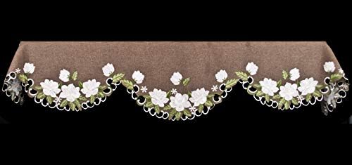 Linda magnólia branca Design floral e folhas verdes bordas de corte bordado em lenço de lareira de linho de poliéster