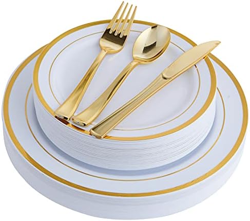 125pcs placas plásticas de ouro incluem 25 placas de jantar plásticas 25 Placas de sobremesas descartáveis ​​e talheres