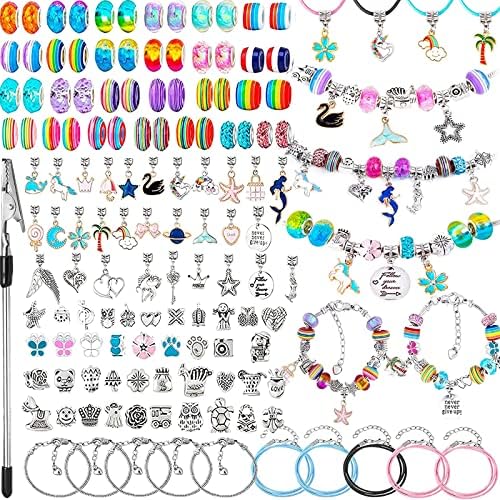 131 PCS Charm Bracelet Making Kit, Jóias de charme zyehxed Fazendo jóias que produzem cadeias de cobra de pingentes de charme europeias, conjunto de presentes de unicórnio para artes e ofícios para meninas adolescentes 5 6 7 8 9 10-12