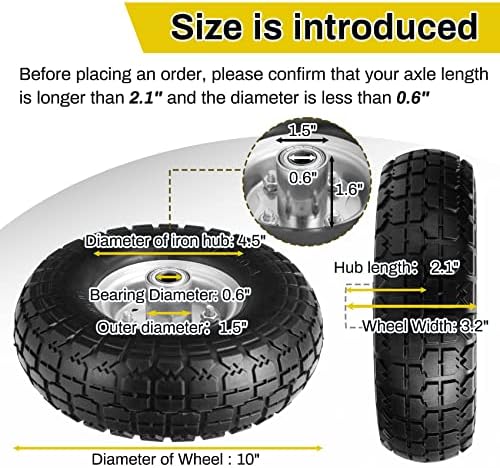 4.10/3.50-4 pneu e roda livre pneu de borracha sólida de 10 polegadas com orifício de furo de eixo de 5/8 ”e mancais selados duplos, para carrinhos de gorilas pneus/rodas dolly/rodas de caminhão manual/rodas de carrinho de despejo ， 4 pacote