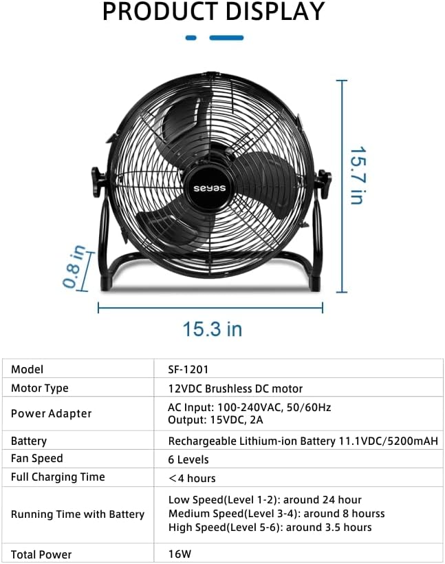 Seyas recarregável fã de piso ao ar livre, ventilador de bateria portátil de 5200mAh de 12 '', carregador de parede de 18W 2 adaptador de energia da porta