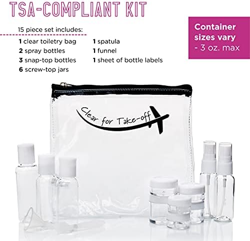 Miamica TSA Garrafas de viagem e kit de bolsa de higiene pessoal, 15 peças, preto claro