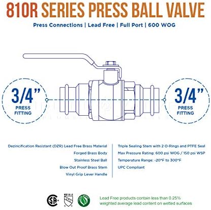 Válvula da linha média 932VLV034-5 Válvula de esfera de prensa premium com conexões de 3/4 pol., Brass