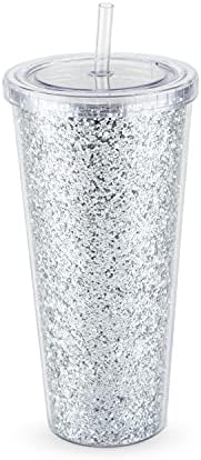 Blush Silver Glam Double Partle Glitter 24oz Tumbler | Reutilizável, à prova de vazamentos, viagens, plástico transparente, slim, xícara de café gelada com vedação de silicone, parafuso sobre lid e palha, 1 contagem