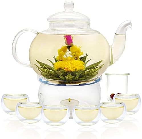 Conjunto de bule de vidro, 27oz/800ml de chaleira de chá de vidro seguro de fogão com 6 pequenas xícaras de chá de parede dupla e infusador de chá solto e que quente, microondas e lavador de louça Safe Tea Maker, Blooming Tea Gift Conjunto para mulheres