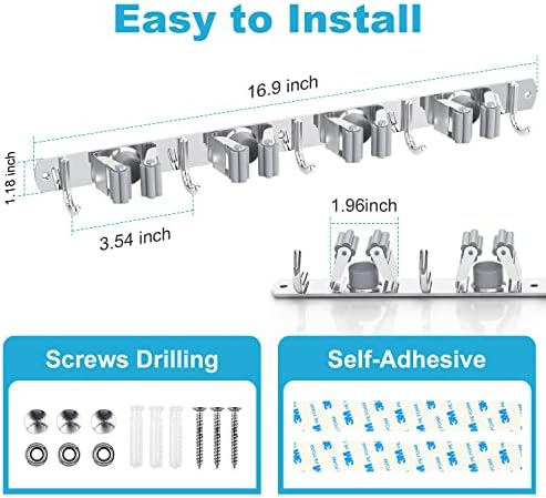 Mimieyes Broom Selder Mount, 4 rack 5 ganchos MOP e suporte de vassoura, Organizador de aço inoxidável Organizador de vassoura