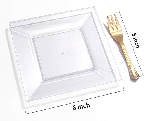 Placas de sobremesas quadradas de 100pcs com garfos de sobremesa de ouro de 100pcs, placas de salada plástica clara, placas
