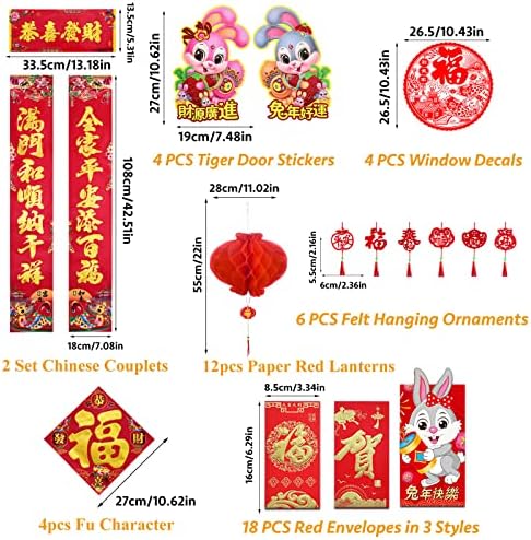 54pcs Conjunto de decoração de ano novo chinês, dísticos chineses da primavera, lanternas vermelhas, envelopes vermelhos, adesivos de porta de funcos de decalques de janela, 2023 Decoração de festa do festival de primavera de coelho do Ano Novo de 2023