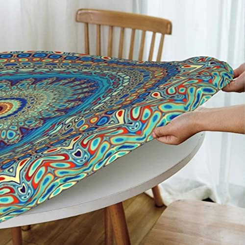 Qalfkad mandala abstract arte redonda para mesa de mesa com design de borda elástica, tampa de mesa à prova d'água retro