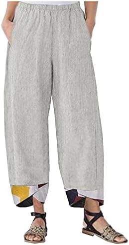 HDZWW Autumn Pant Ladies Linen perna reta Solides longas calças com bolsas de cintura elástica respirável namorado