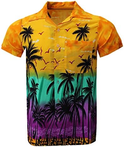 Botão casual de moda gdjgta masculino na praia de praia curta de manga curta, camiseta masculina amarela