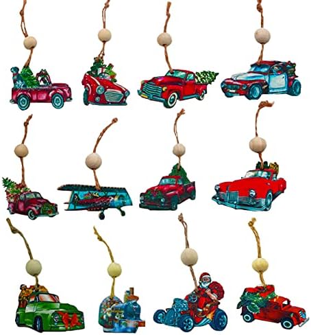 Ornamentos de Natal Llittle Red Truck Christmas Tree Decoration Xmas Tree Wooden Farmhouse Holding Crafts-12pcs