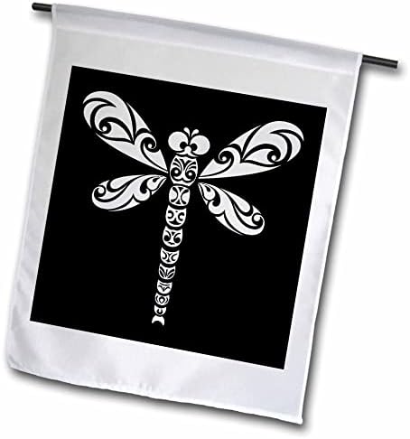 3drose Dragonfly White Tribal Tattoo Style Art on Black - Flags