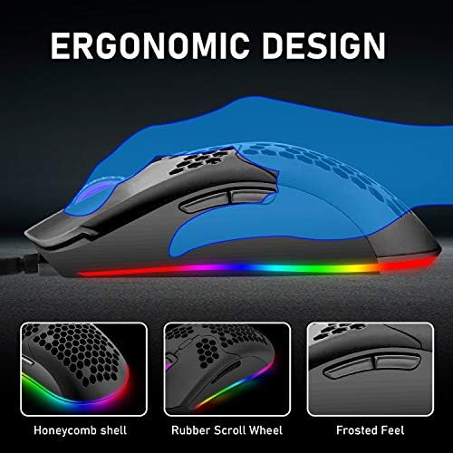 Mouse de jogos leves, 26 tipos de camundongos retroiluminados RGB, mouse Pixart 3325 12000 DPI, Mouse de cabo Ultralight Honeycomb