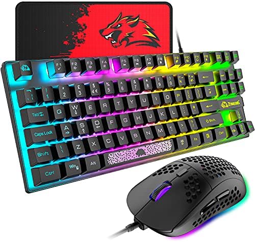 Combo de teclado e mouse mecânicos, com fio de 88 teclas compactas com teclado de jogo de retroilumação de arco -íris, mouse