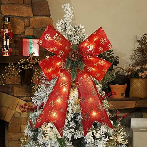 Yofit Christmas Tree Topper Bow, nó de proa decorativa com floco de neve e agulhas de pinho de pinheiros, decorações de árvores
