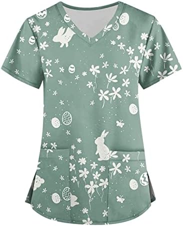Uniformes de enfermagem de enfermagem para mulheres, ovo gnomo de coelho respirável e camisa de pescoço de manga curta V com