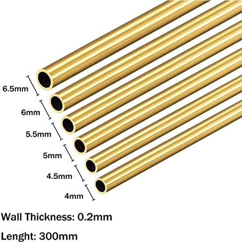 Tubo redondo de latão de 6pcs de 6pcs, 4 mm 4,5 mm 5 mm 5,5 mm 6mm 6,5 mm OD x 0,2 mm espessura da parede de 300 mm de comprimento