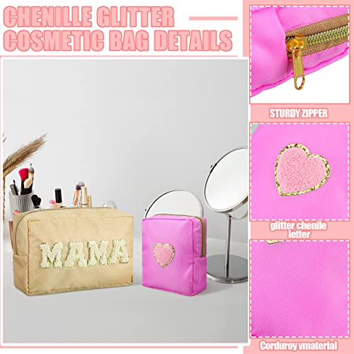 2 PCS Mama Chenille Carta Preppy Makeup Bag Nylon Bag Preppy Bolsa Cosmética Bolsa de Maquiagem Organizador Preppy portátil Com zíper para mulheres Girls Girls Gifts Travel, 2 tamanhos, bege e rosa