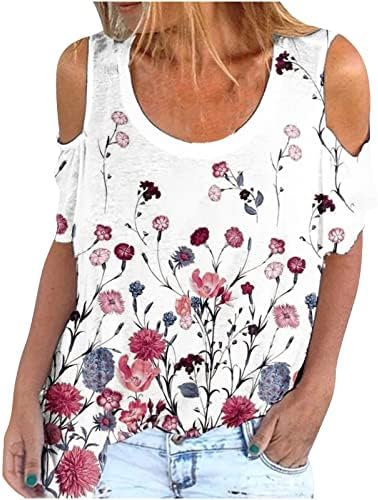 Moda Tops de ombros frios para mulheres camisetas estampadas florais de verão Top topo de túnica de túnica curta solta blusa de pescoço