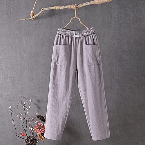 Calça de linho para mulheres de cintura elástica elástica Casual Coloque as calças cônicas calças de moletom Trendy Vintage