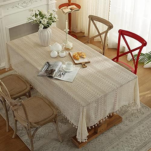 Jaijy Beige Bordado Bolsa de crochê Tocada de mesa com borlas, toalha de mesa geométrica da faixa Boho para uma mesa de mesa de aniversário de festa, retangular 59 x70