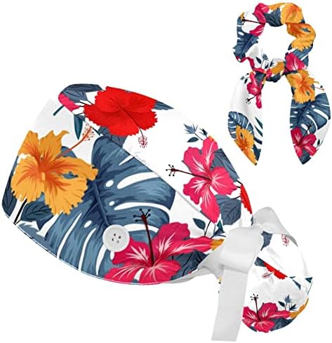 Bapa de trabalho ajustável colorida floresta tropical folhas de flor bouffante com botões chapéu de esfrega com cabelo arco -arco