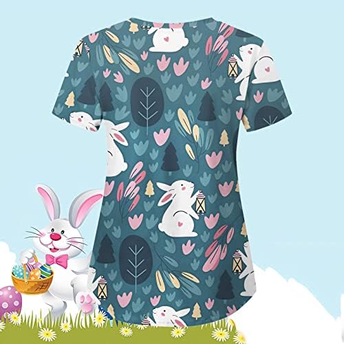 Tops de colheita para mulheres Mulheres Casual Páscoa Bunny V Pescoço Palha de manga curta Cuidado solto cuidador