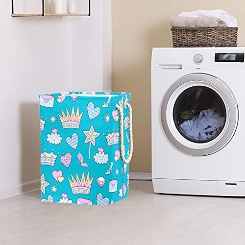 Deyya Princess Blue Laundry Basket com alças dobráveis ​​cesto de lavanderia embutida com suportes destacáveis ​​Organização de roupas