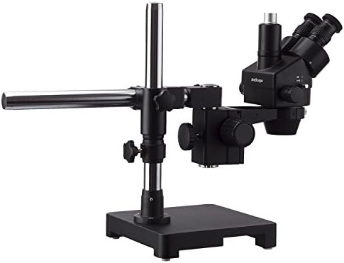 AMSCOPE 7X-45X Microscópio de zoom de estéreo trinocular preto em suporte de lança de braço com uma luz de anel de 80 led de 80mp e câmera digital USB2.0