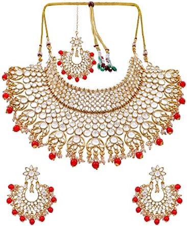 Moda crocante Tradicional Kundan Base Gold Balling Red Pearl Cheker Jewellery Conjunto