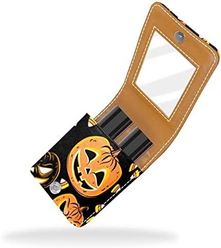 Lâmpada de abóbora de Halloween Organizador de batom portátil com espelho Mini Makeup Saco leva até 3 batom