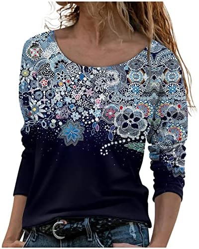 Nokmopo feminino Tops feminino com estampa de moda casual de manga longa O-pescoço OFECK SUPLOVER EPLOVER CAMISTAS DE PULLOVER