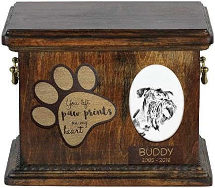 Cesky Terrier, urna para as cinzas de cachorro com placa de cerâmica e descrição