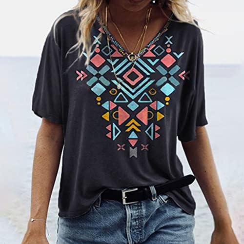 Camisas de verão nokmopo para mulheres estampas retrô impressão geométrica de decote em vinicha de t-shirt de manga
