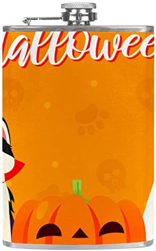 Balão de quadril para bebidas inoxidáveis ​​à prova de vazamento de aço inoxidável com funil 7,7 oz de couro, ótima ideia de presente de frasco - gato e cães fofos em fantasia de pet de halloween