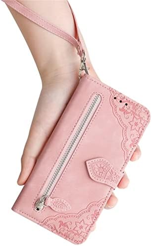 Topfunny Casos para iPhone 14 Pro Casal de carteira para mulheres com suporte de cartão Retro com estiramento de flores com zíper Flip PU Campa protetora de couro com cordão destacável para Apple iPhone 14 Pro 6.1 Pink