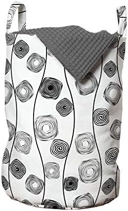 Bolsa de lavanderia preta e branca de Ambesonne, design contemporâneo de listras contornas de espirais minimalistas, cesta de cesto com alças fechamento de cordas para lavanderias, 13 x 19, carvão cinza -carvão