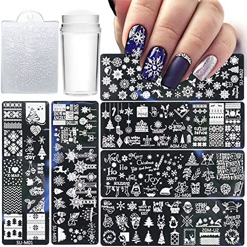 Placa de estampagem de unhas de Natal 6pcs kit de estamper de unhas de natal Floco de neve árvore de natal elk boneco de