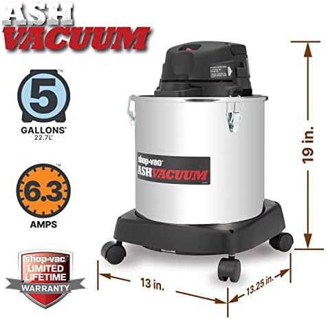 Shop-Vac 4041400 Ash Dry Vac com boneca, tanque de aço inoxidável, 5 gal, mangueira longa, 6,3 amperes,