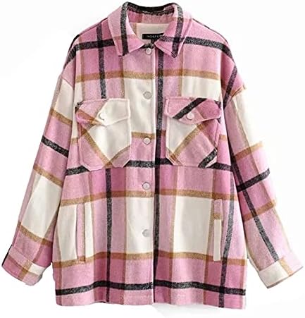 Jaqueta xadrez da moda feminina lapela de manga comprida Shacket Bolsões casuais bolsos impressos camisa de casaco de camisa Cardigan