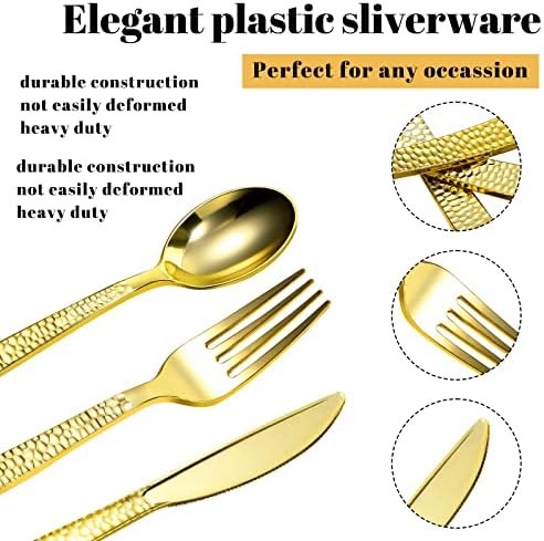 900 PCs Plástico talheres de ouro plástico conjuntos de talheres de ouro de plástico descartáveis ​​incluem 300 garfos de ouro, 300 faca de ouro, 300 colheres de ouro