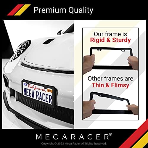 MEGA Racer Metal Metal Black Placa Frame - 2 orifícios Flim dianteiro e traseiro preto Quadros de placa de alumínio com parafusos de aço inoxidável e tampas de parafuso preto