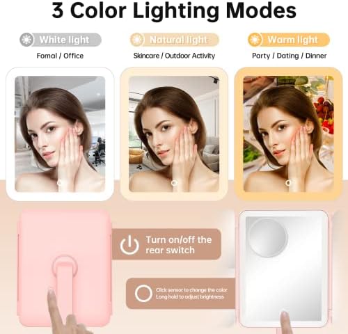 Espelho de maquiagem com trifold Gospire com luzes e ampliação 10x/5x/3x/1x, 74 luzes de ampliação iluminadas com 3 cores claras e brilho ajustável, espelho de vaidade LED para mulheres - rosa