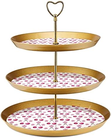 3 Placa de fruta de cupcakes de 3 camadas de sobremesa Plástico para servir suporte de exibição para casamento de aniversário Decorações de chá de chá de chá de bebê redondo, aquarela rosa Floral Cherry Pattern