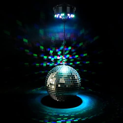 Bola de discoteca Meagoo com motor e luz, bola de espelho suspensa de 8 e baterias de 6rpm motoras motorizadas com 4 cores leves e 18 LEDs para decoração de festas de discoteca, clube de DJ, casamento, aniversário