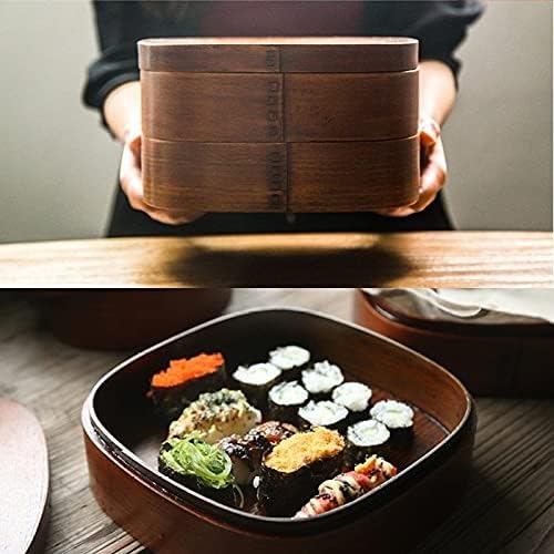 Lancheira de lancheira para lanche de madeira piquenique bento box lancheira de aluno de camada dupla com colher garfo de tabela de mesa de mesa de sushi contêiner de comida